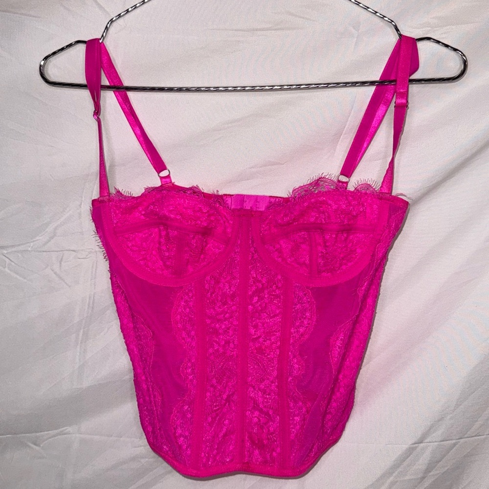 Neon Pink Bustier Corset Eyelash Lace Top - Size XS